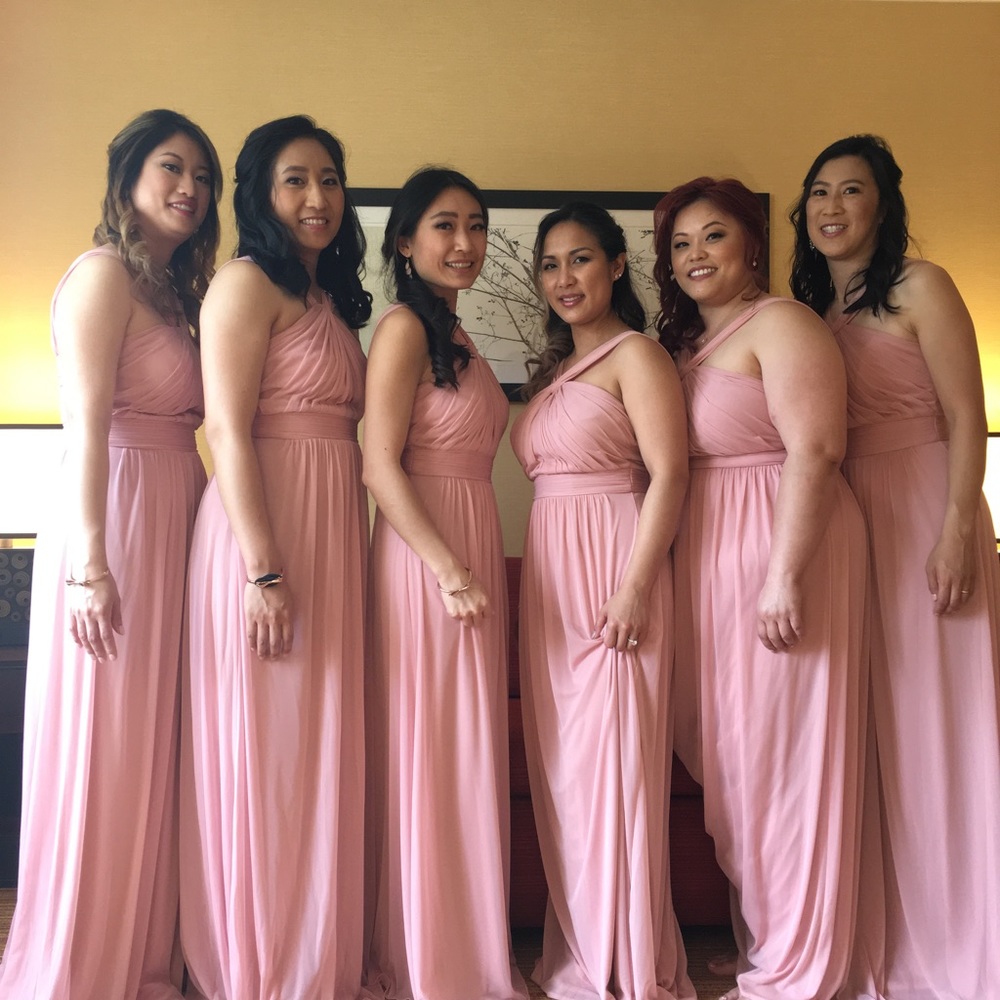 David's Bridal Y-neck Long Mesh Bridesmaid Dress